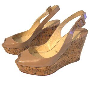 Christian Louboutin Nude Patent Cork Wedge Slingbacks